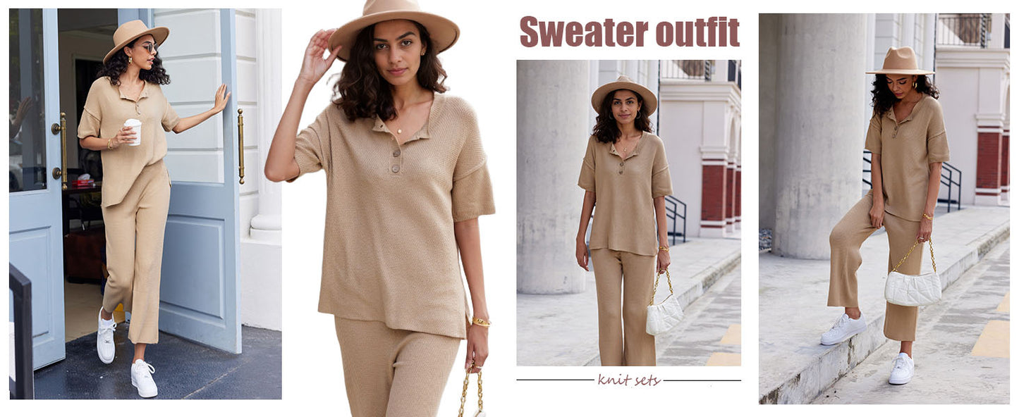 Ekouaer Lounge Sets for Women 2 Piece Pullover Sweater Set Knit Tops Wide Leg Pants Sweatsuits Casual Travel Outfits