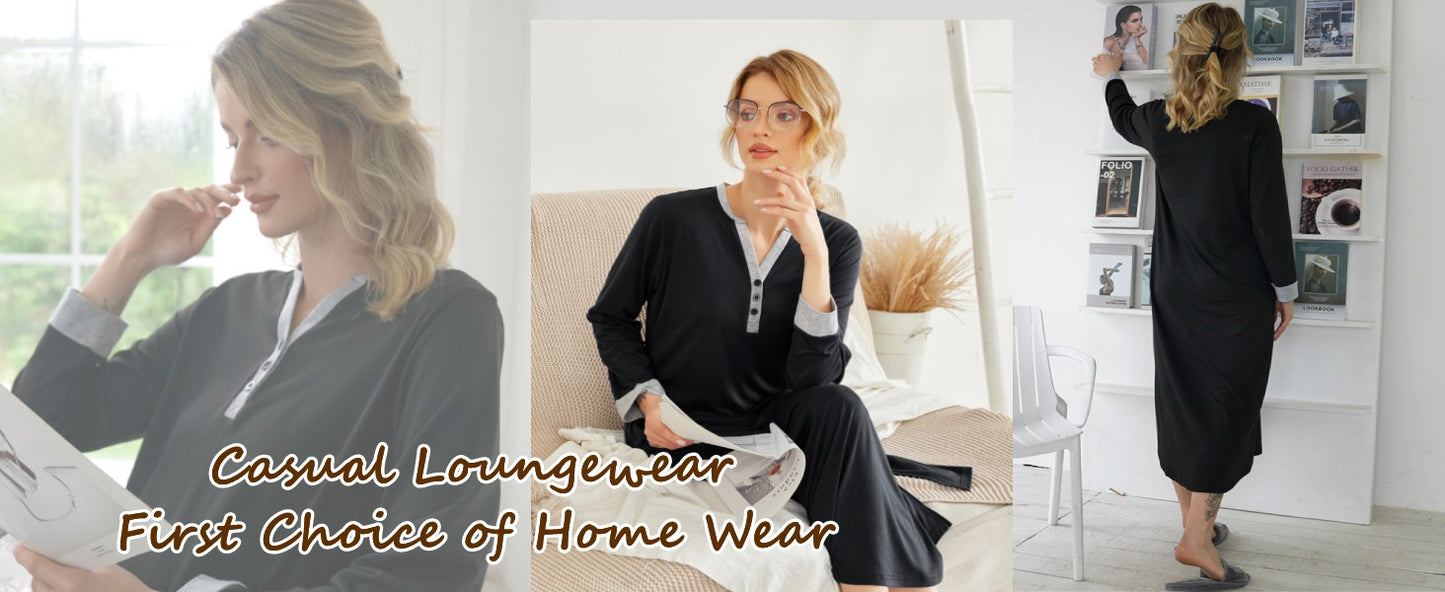 Ekouaer Womens Nightgown Long Loungewear V Neck Nightshirt Sleepwear Full Length Sleepshirt with Pockets