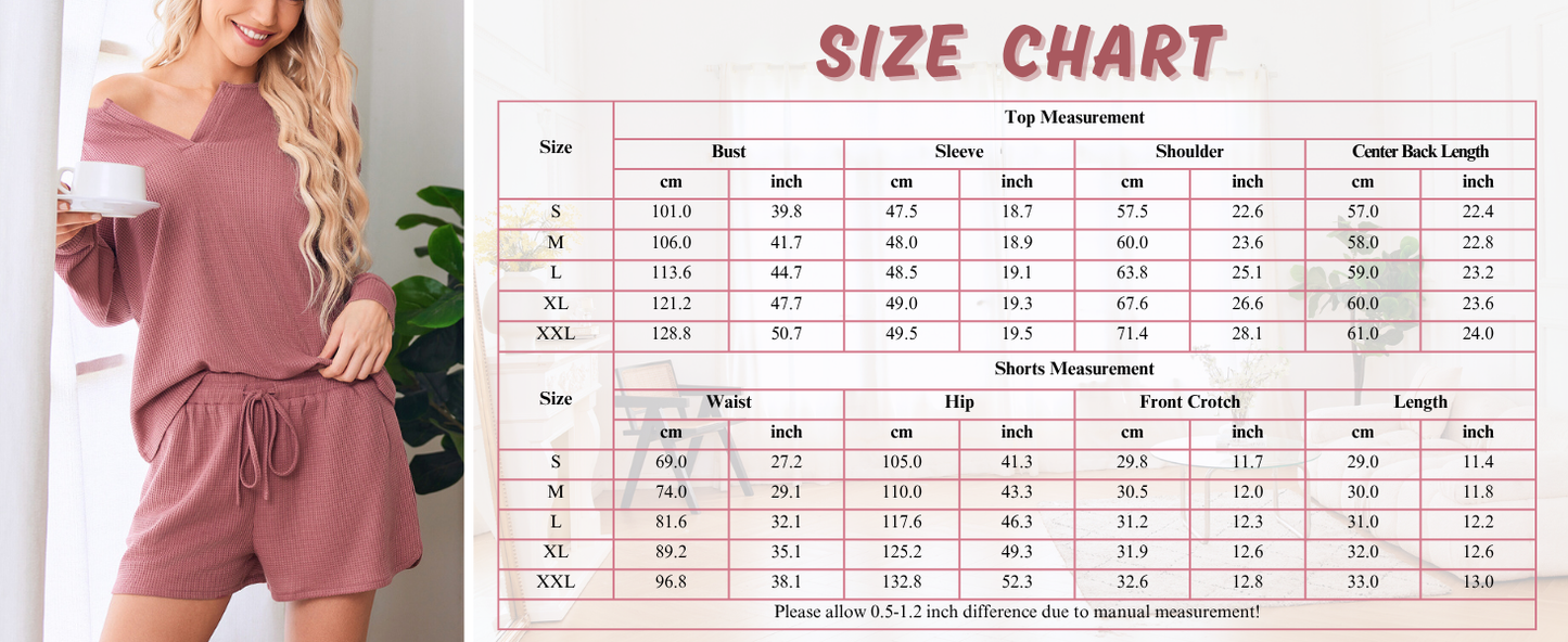Ekouaer Pajama Set for Women Waffle Knit Lounge Sets Long Sleeve Top and Shorts Sleepwear Matching Loungewear