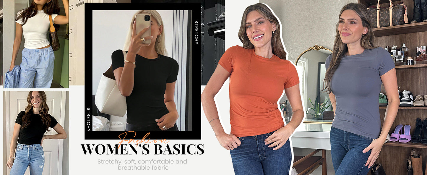 Ekouaer Womens Short Sleeve Shirts 3 Pack Crew Neck Tops Slim Fit Basic Tees Trendy Clothes Base Layer