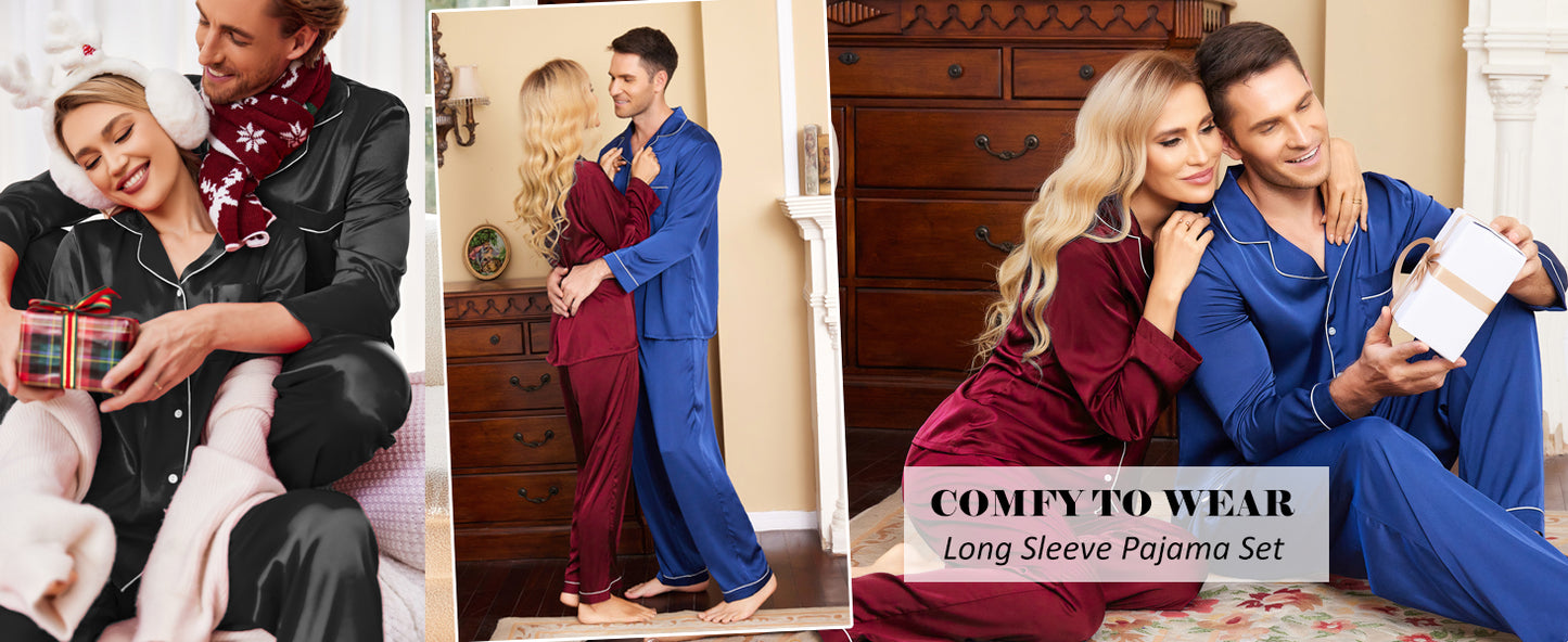 Ekouaer Couples Matching Pajamas Silk Long Sleeve Sleepwear Satin Soft Button Down Loungewear Pjs Set