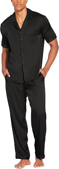Ekouaer Men Satin Silk Pajamas Set 2 Piece Button Down Sleepwear Long Pants Loungewear with Pockets Black L