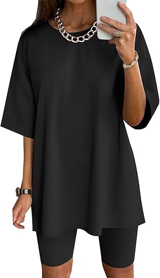 Ekouaer Women Cotton Lounge Sets Summer Outfits T-Shirt Top and Biker Short Set 2 Piece Matching Tracksuit