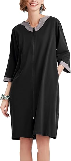 Ekouaer Women Zipper Robe 3/4 Sleeve Nightgowns Lightweight Short Bathrobe with Pockets