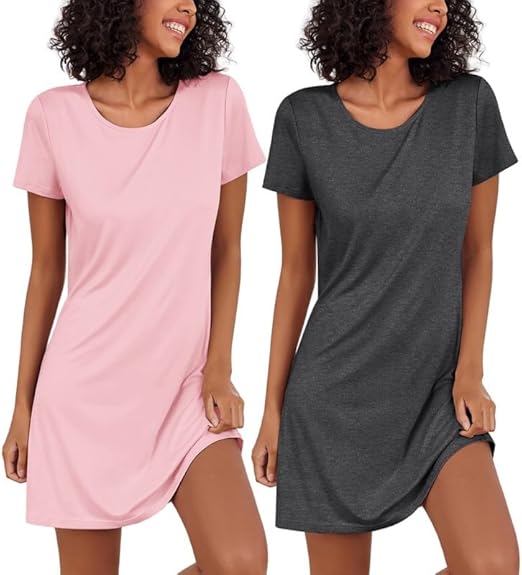 Ekouaer 2 Pack Nightgowns for Women Sleapwear Short Sleeve Night Shirts Soft Sleep Dress Classic Nightdress