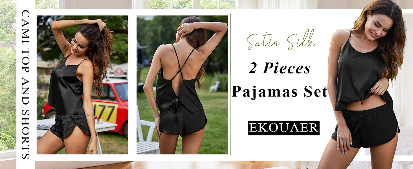 Ekouaer Silk Pajamas Set for Women Satin Backless Lingerie Pjs Cami Top and Shorts Nightwear