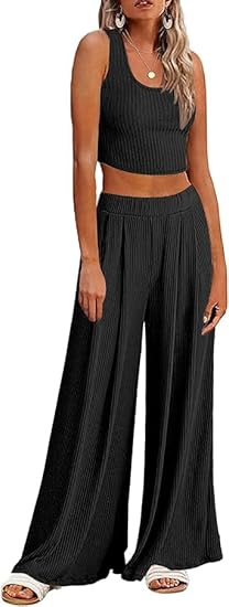 Ekouaer Women's Pajamas 2 Piece Lounge Set Ribbed Knit Loungewear Sleeveless Tank Top Wide Leg Pants