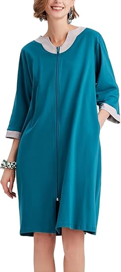 Ekouaer Women Zipper Robe 3/4 Sleeve Nightgowns Lightweight Short Bathrobe with Pockets