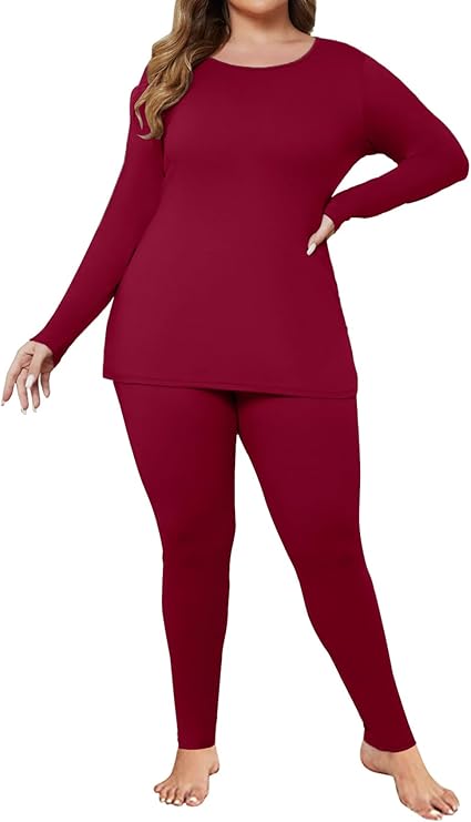 Ekouaer Women Plus Size Thermal Underwear Set Soft Long Johns Sets Light Fleece Lined Base Layer Top & Bottom Pajama Set