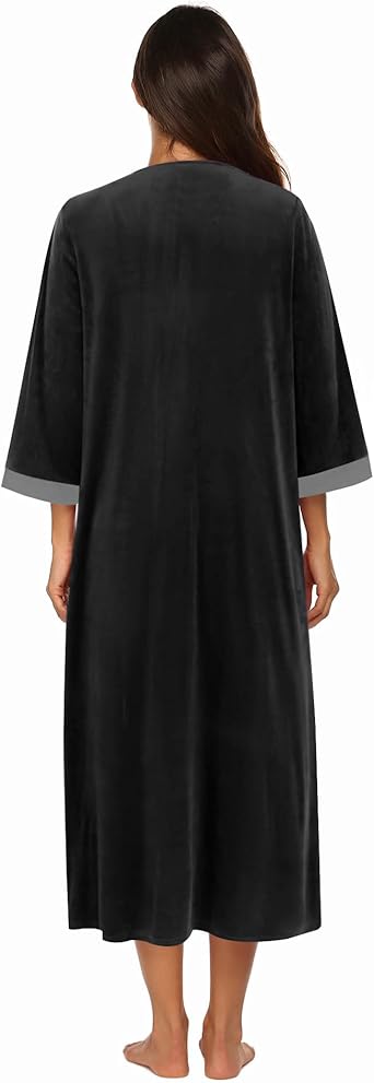 Ekouaer Robe for Women Velour Zipper Robe 3/4 Sleeves Housecoat Full Length Loungewear Long Bathrobe with Pockets
