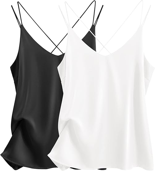 Ekouaer Womens Silk Satin Camisole Tank Tops V Neck Spaghetti Strap Blouses Cross Back Sleeveless Cami Shirt