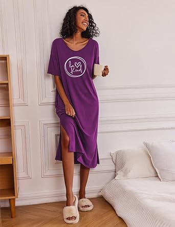 Ekouaer Long Nightgown for Women Short Sleeve Sleepwear Plus Size Loungewear with Pockets