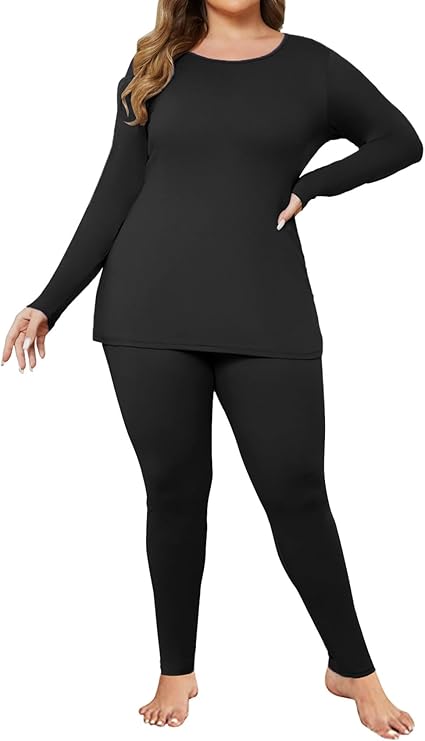 Ekouaer Women Plus Size Thermal Underwear Set Soft Long Johns Sets Light Fleece Lined Base Layer Top & Bottom Pajama Set