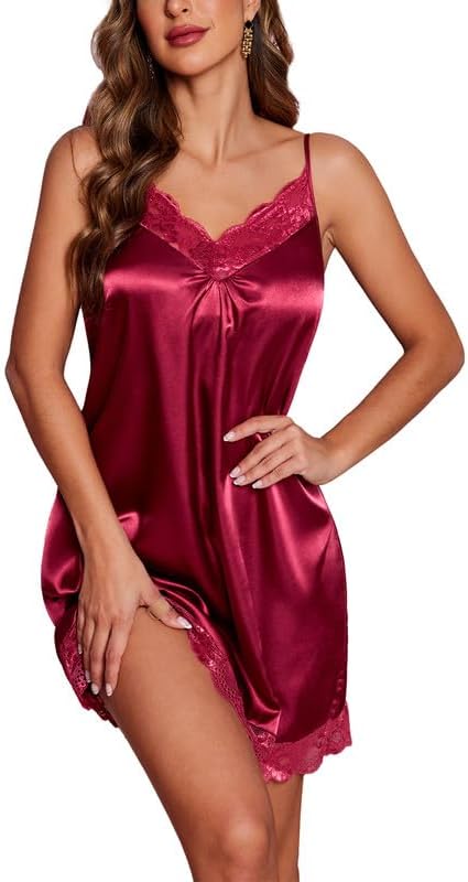 Ekouaer Women's Nightgown Satin Nightgowns for Women V-neck Lace Chemise Sleepwear Soft Lingerie for Women