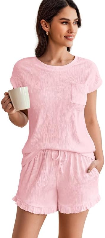Ekouaer Womens Pajama Set Cap Sleeve Tops and Ruffle Shorts Lounge Set 2 Piece Pj Sets Casual Sleepwear with Pockets