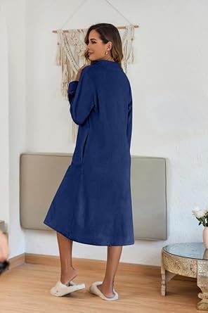Ekouaer Women's Zip Up Robe Fleece Bathrobe Long Zipper Lounger Warm Housecoat Long Sleeve Nightgown with Pockets