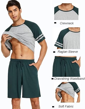 Ekouaer Mens Pajama Short Sets Short Sleeve Crewneck Pajama Lounge Set Raglan Sleepwear