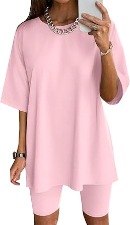 Ekouaer Women Cotton Lounge Sets Summer Outfits T-Shirt Top and Biker Short Set 2 Piece Matching Tracksuit
