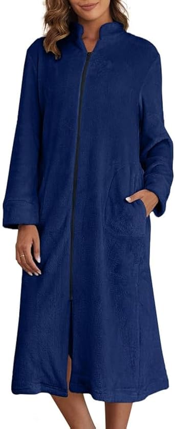 Ekouaer Women's Zip Up Robe Fleece Bathrobe Long Zipper Lounger Warm Housecoat Long Sleeve Nightgown with Pockets