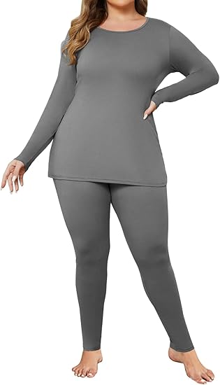 Ekouaer Women Plus Size Thermal Underwear Set Soft Long Johns Sets Light Fleece Lined Base Layer Top & Bottom Pajama Set