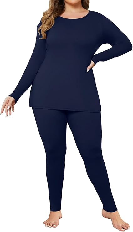 Ekouaer Women Plus Size Thermal Underwear Set Soft Long Johns Sets Light Fleece Lined Base Layer Top & Bottom Pajama Set