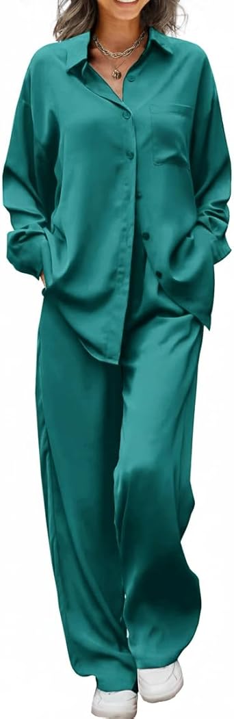 Ekouaer Womens Satin Silky Pajama Set 2 Piece Print PJs Soft Loungewear Button Down Sleepwear with Elastic Waist Long Pants