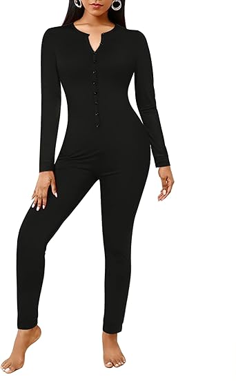 Ekouaer Womens Onesie Adult Button One Piece Pajama Long Sleeve Onesie Pajamas Jumpsuit Sleepwear for Women