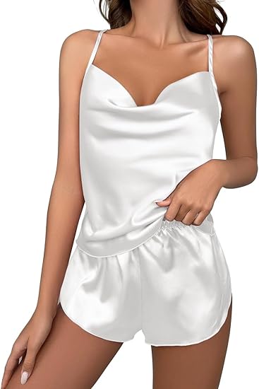 Ekouaer Silk Pajamas for Women Satin Cowl Neck Sleepwear Lingerie Pjs Cami Top and Shorts 2 Piece Pjs