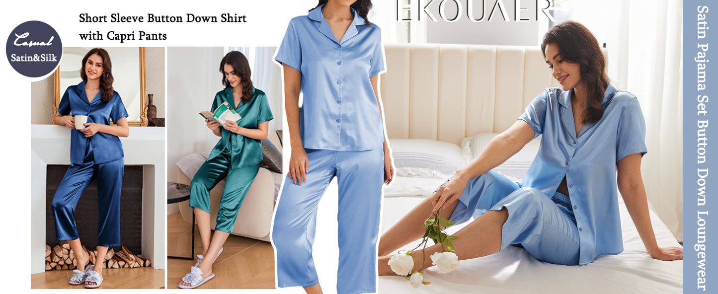 Ekouaer Womens Satin Pajamas Silk Capri Pjs 2 Piece Lounge Sets Short Sleeve Button Down Sleepwear