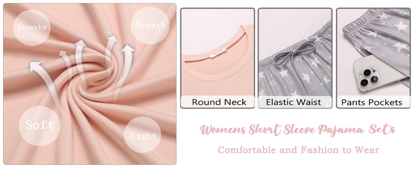 Ekouaer Pajama Sets for Women Round Neck Pjs Short Sleeve Sleepwear with Long Pants Loose Lounge Sets Black-pink Plaid XL