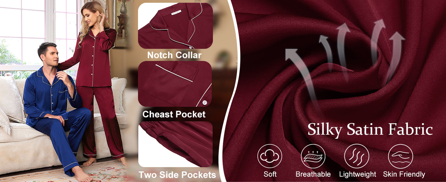 Ekouaer Couples Matching Pajamas Silk Long Sleeve Sleepwear Satin Soft Button Down Loungewear Pjs Set