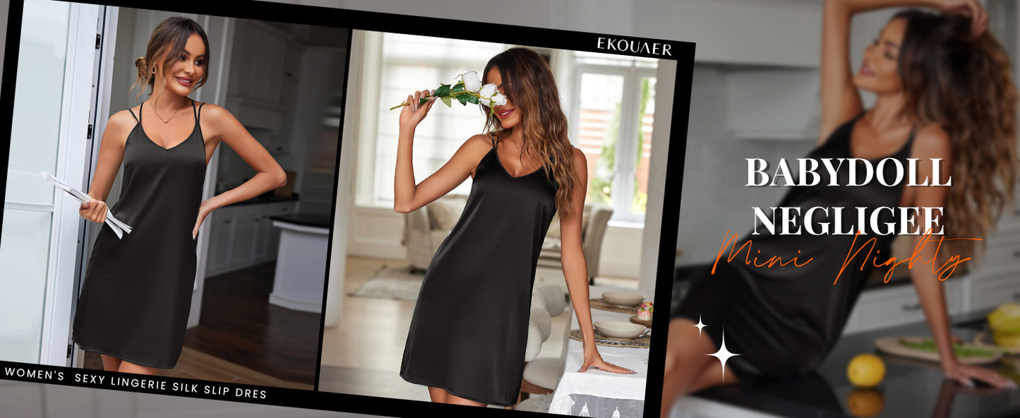 Ekouaer Nightgowns for Women 2 Pack Women's Satin Slip Dress Chemise Nightdress Sleepwear Silk Pajamas