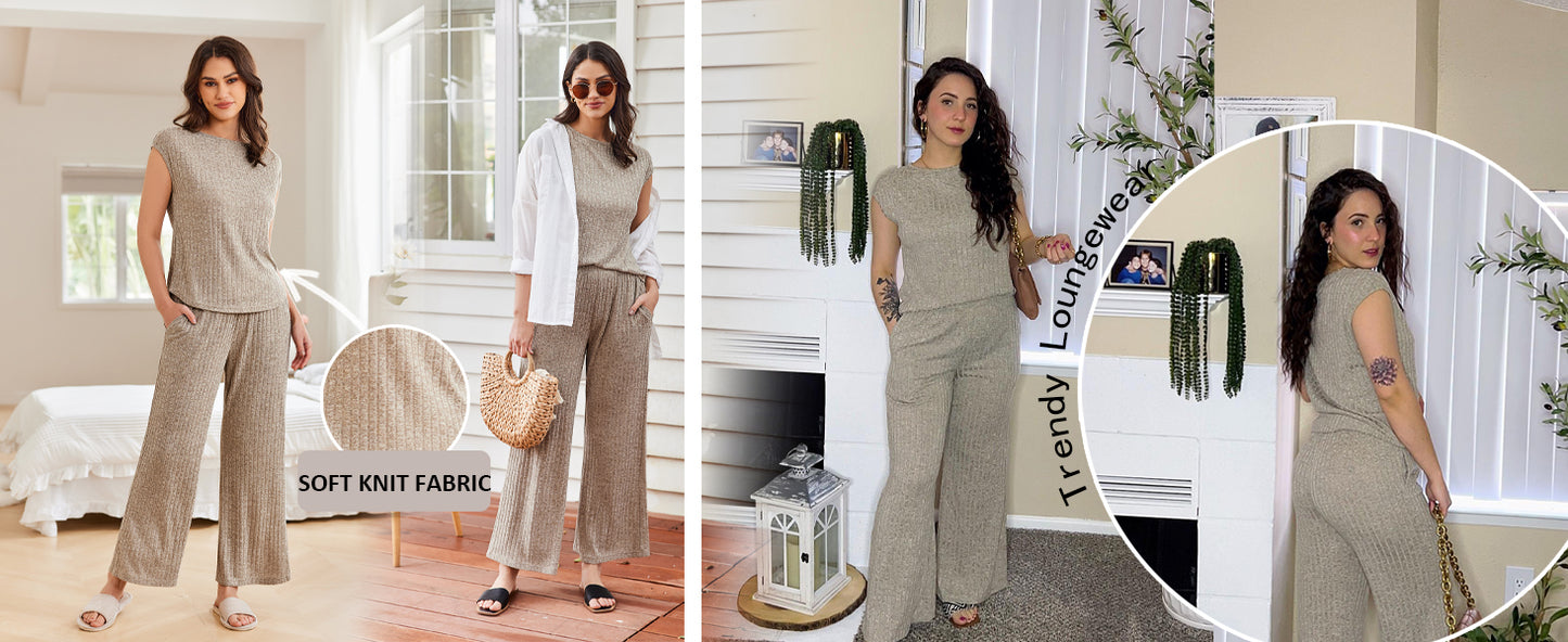 Ekouaer 2 Piece Lounge Sets for Women Matching Summer Outfits Casual Ribbed Knit Cap Sleeve Wide Leg Pants Sets