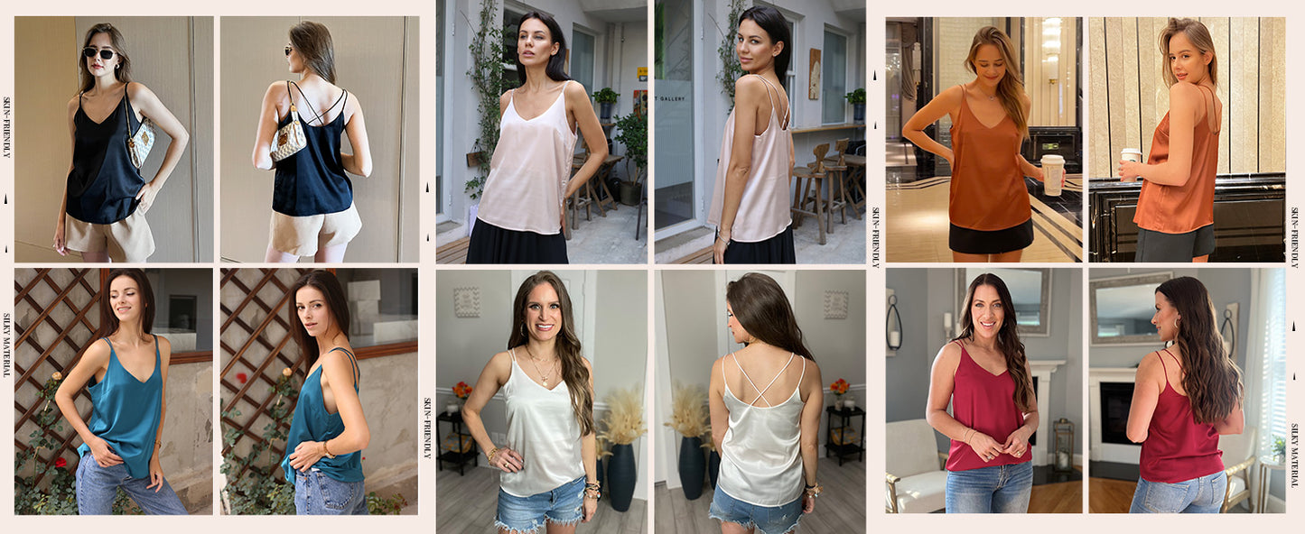 Ekouaer Womens Silk Satin Camisole Tank Tops V Neck Spaghetti Strap Blouses Cross Back Sleeveless Cami Shirt