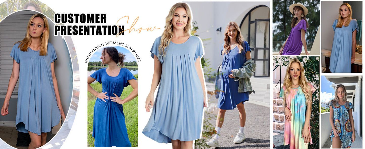Ekouaer Womens Nightgown Soft Sleepwear Pleated Sleepshirt Sleep Dress Short Sleeve Nightdress