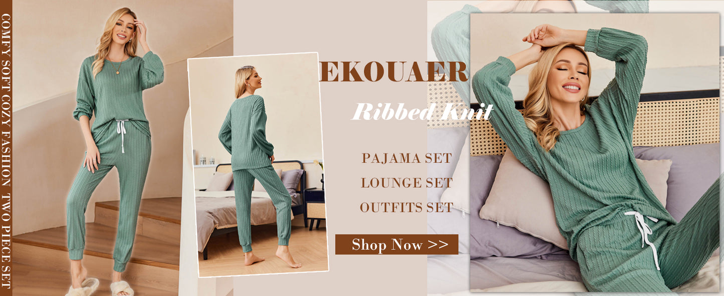 Ekouaer Womens Pajamas Set Ribbed Knit Long Sleeve Pullover Top Jogger Pants Set 2 Piece Lounge Set Sleepwear Tracksuit