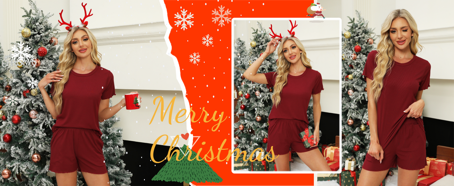 Ekouaer Womens Pajamas 2 Piece Ribbed Knit Pjs Short Sleeve Sleepwear Set Summer Soft Pajamas Set Casual Lounge Sets