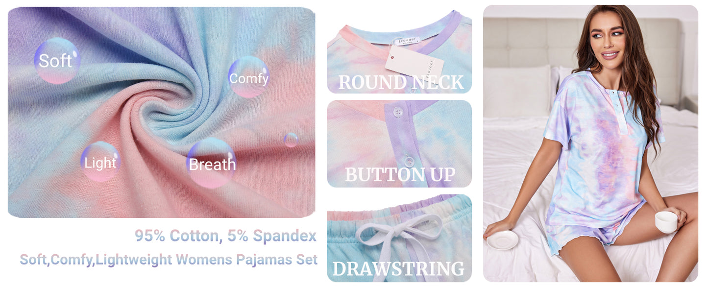 Ekouaer Tie Dye Pajamas Set Womens Loungewear Sleepwear 2 Piece PJ Sets