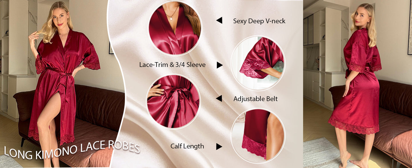 Ekouaer Women's Satin Robe Silk Bathrobe for Bride Long Bridesmaids Wedding Party Loungewear Sleepwear