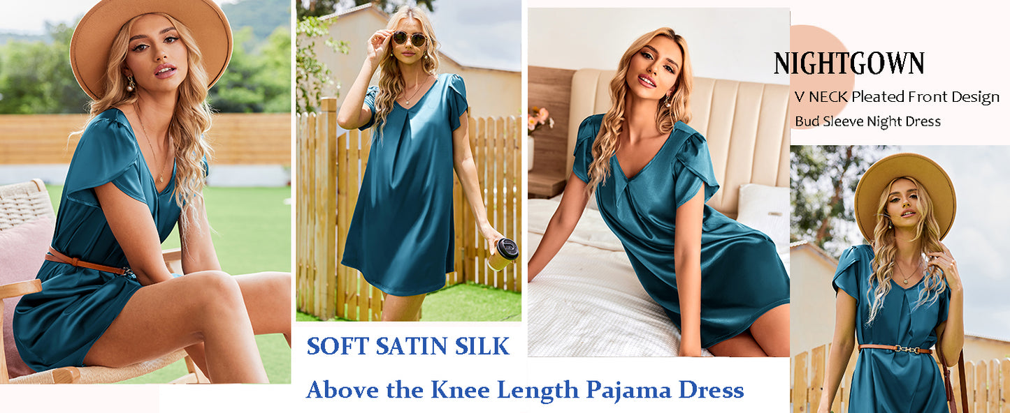 Ekouaer Women's Satin Nightgown Short Sleeve Sleepdress V-Neck Sleepwear Loose Silk Sleepshirt
