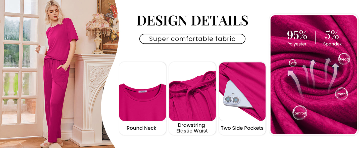 Ekouaer 2 Pack Womens Pajama Sets Short Sleeve Tops and Long Pants Casual Comfy Pjs Lounge Set with Pockets