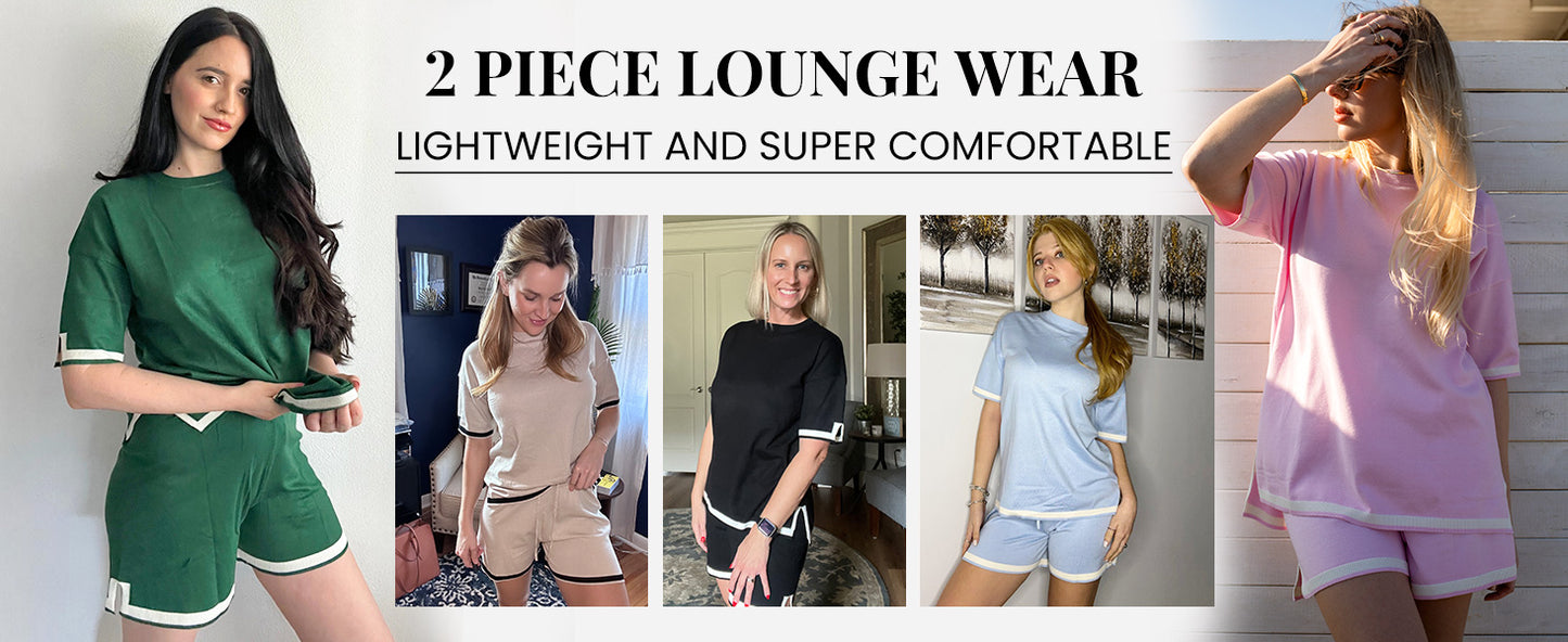 Ekouaer Womens Knit Lounge Set 2 Piece Sweater Sets Short Sleeve Sweatsuit Pullover Tops