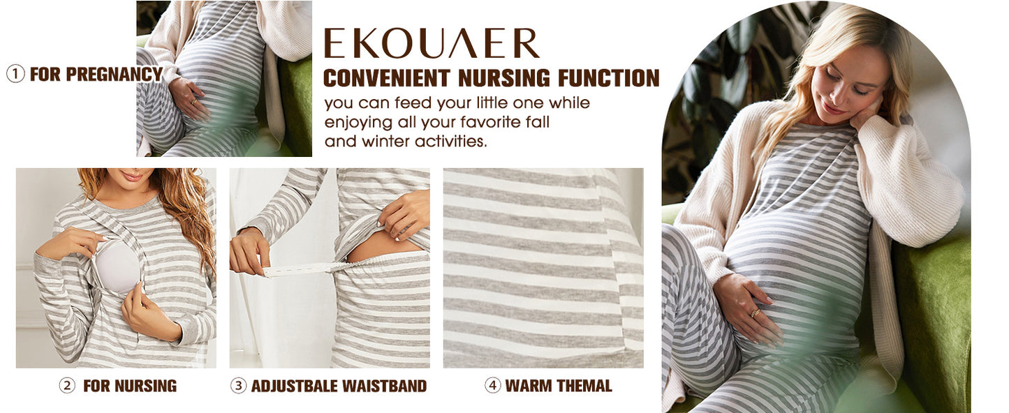 Ekouaer Nursing Pajama Set Long Sleeve Maternity Clothes Labor Pregnancy Pjs Breastfeeding Thermal Underwear Sleepwear