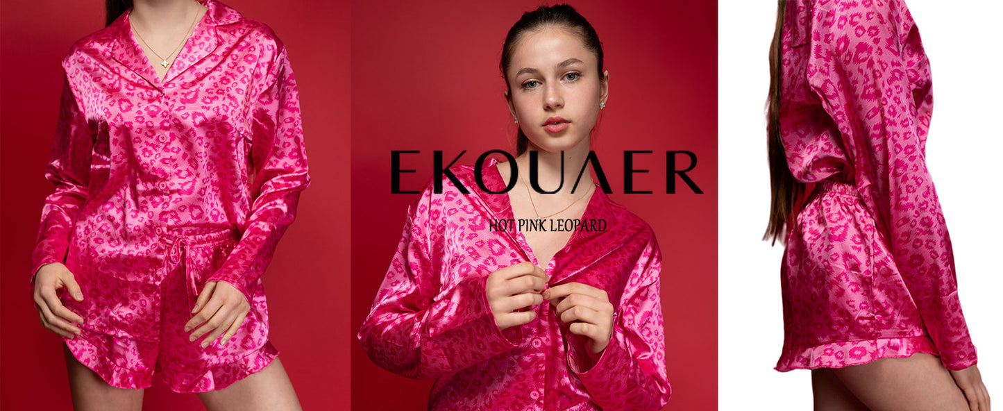 Ekouaer Womens Satin Pajama Sets Long Sleeve Top and Shorts Lounge Set Button Down Sleepwear
