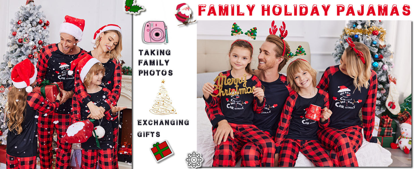 Ekouaer Christmas Pajamas for Family Long Sleeve Pjs Matching Sets with Plaid Pants Soft Sleepwear Loungewear