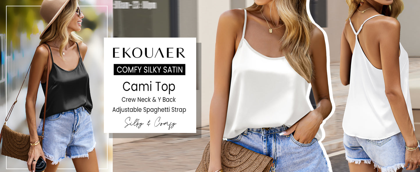 Ekouaer Silk Camisole Tops for Women Spaghetti Strap Tank Top Satin Cami Tops Crew Neck Silky Camis Basic Blose Shirt