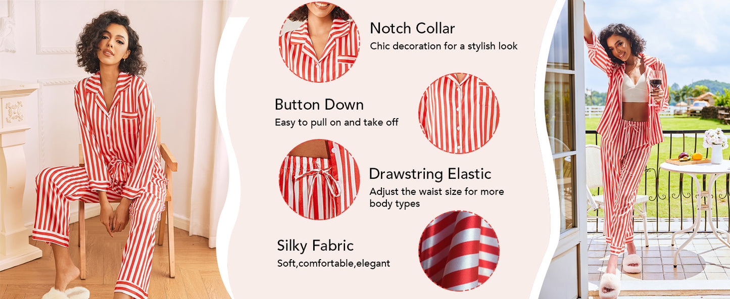 Ekouaer Womens Silk Satin Pajama Sets 2 Piece Sleepwear Pjs Set Long Sleeve Button Down Top and Pants Stripe Loungewear