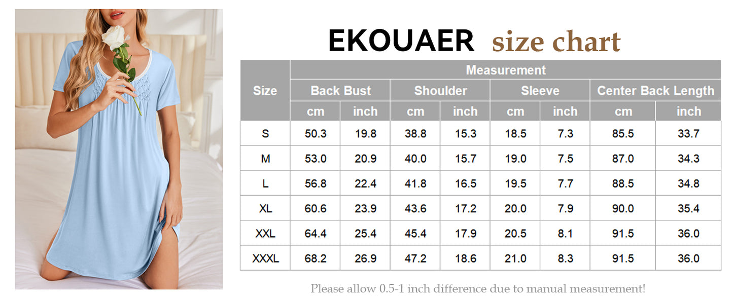 Ekouaer Nightgowns for Women Pleated Sleep Shirts Short Sleeve Night Shirts Lace Trim Night Gown Ladies Sleep Dress