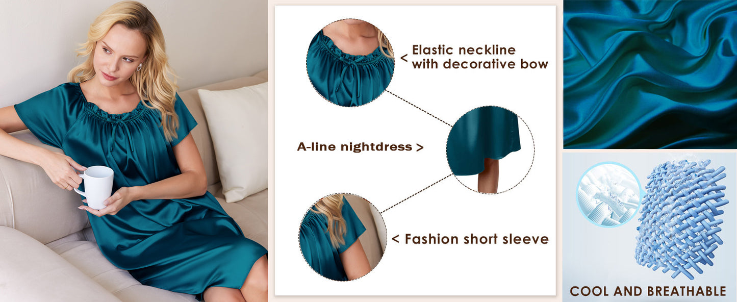 Ekouaer Women's Satin Silk Pleated Nightgown Loose Sleepwear Printed Nightshirt Short Sleeve Sleep Dress