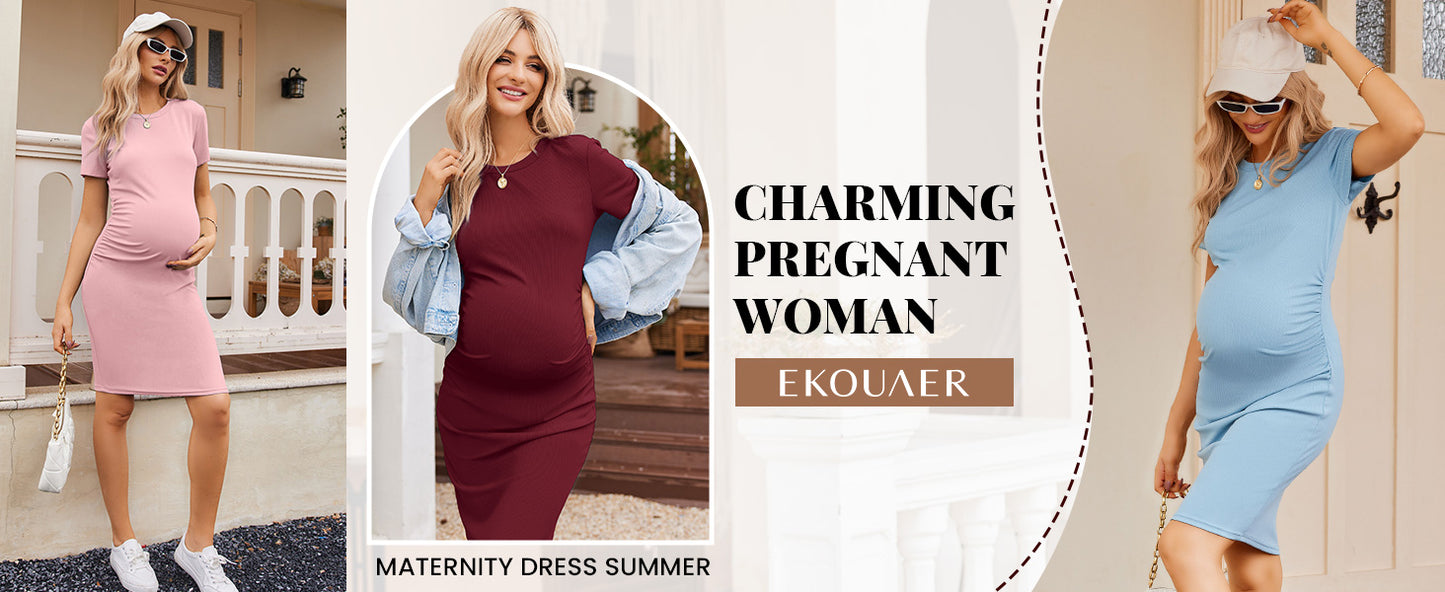 Ekouaer Women's Maternity Dress Ruched Ribbed Bodycon Summer Dresses Casual Pregnancy Dress